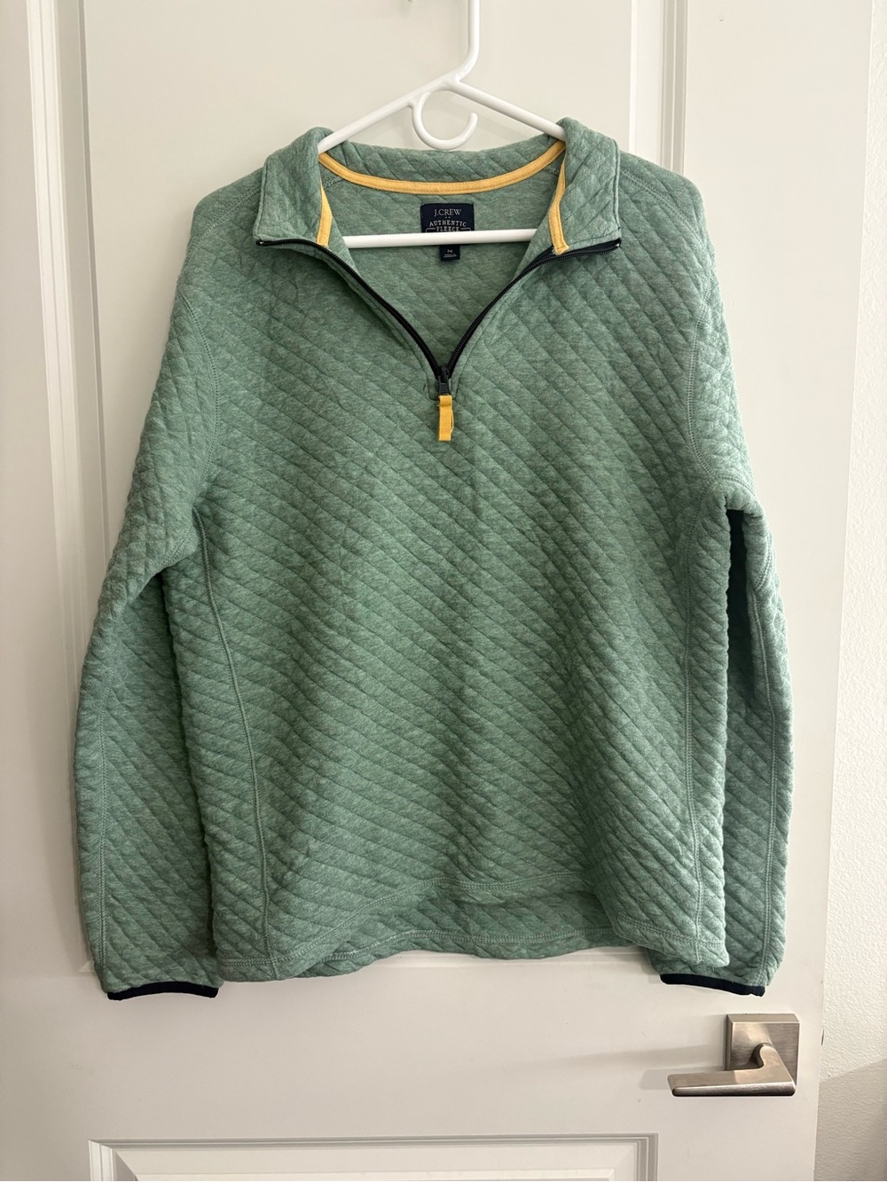 J. Crew Men's Quilted Zip Pullover in Sage Green with Yellow Trim BRAND NEW